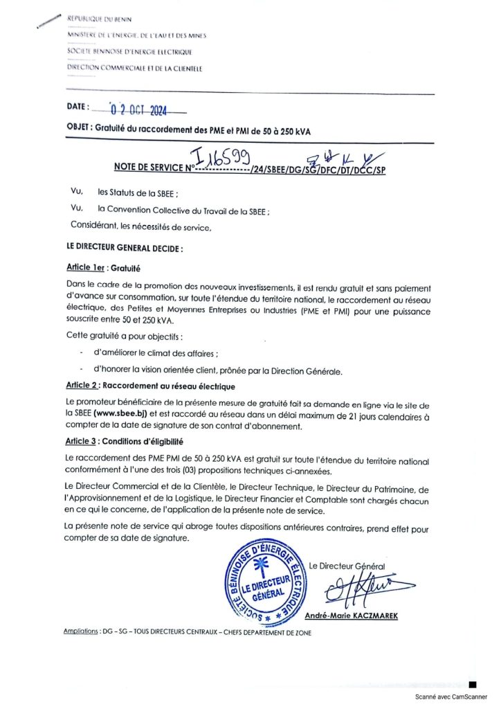 NOTE DE SERVICE - PROGRAMME SPECIAL PME PMI DE 50 à 250 kVA